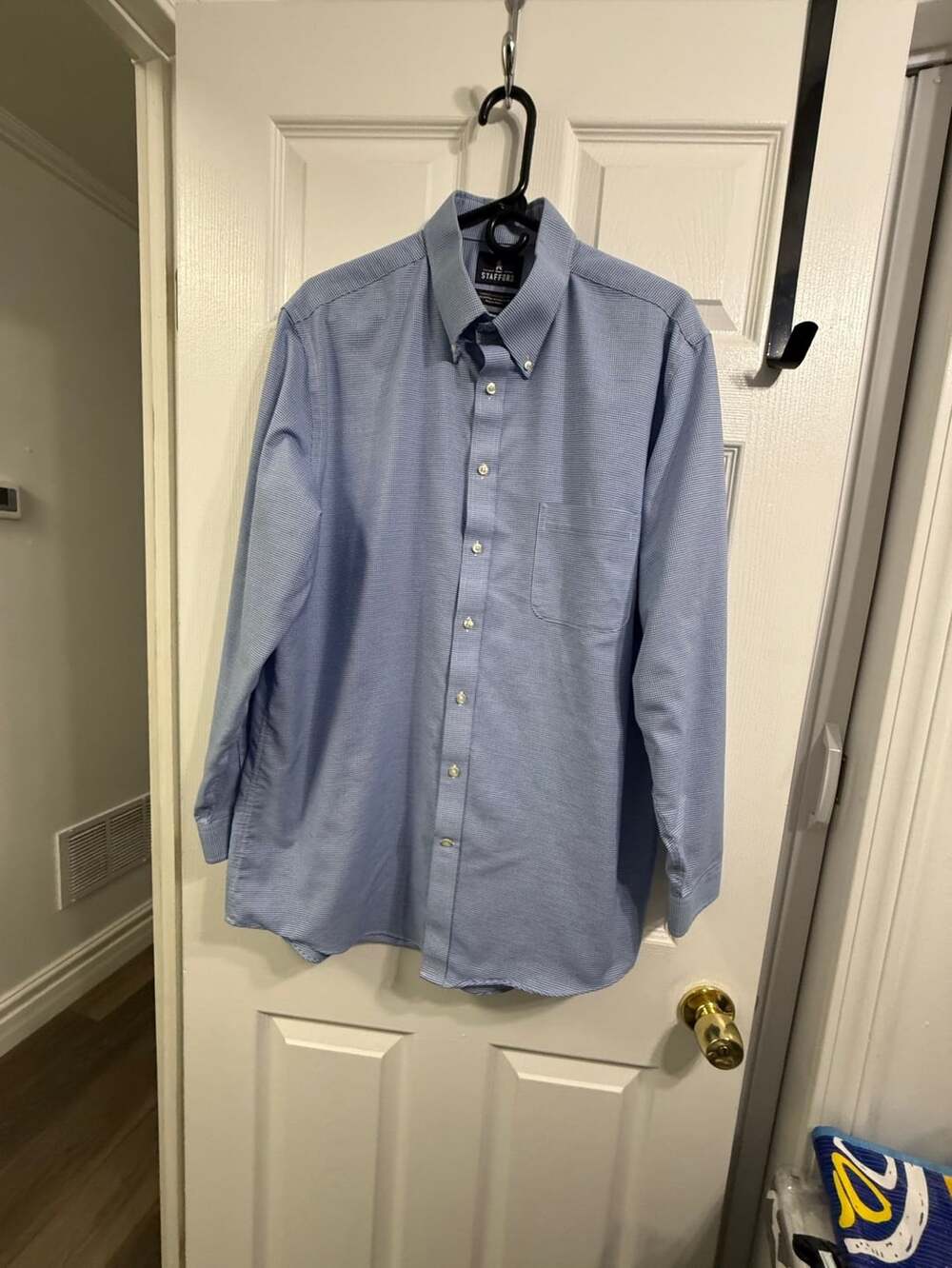 Stafford Men's Blue Houndstooth Wrinkle Free Oxford Lng Sleeve Button Down Sz 17
